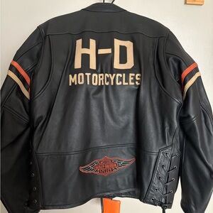 Harley-Davidson Black Leather Jacket with Tan and Orange Accents